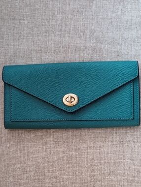Coach Wyn Crossgrain Leather Envelope Wallet In Teal Blue